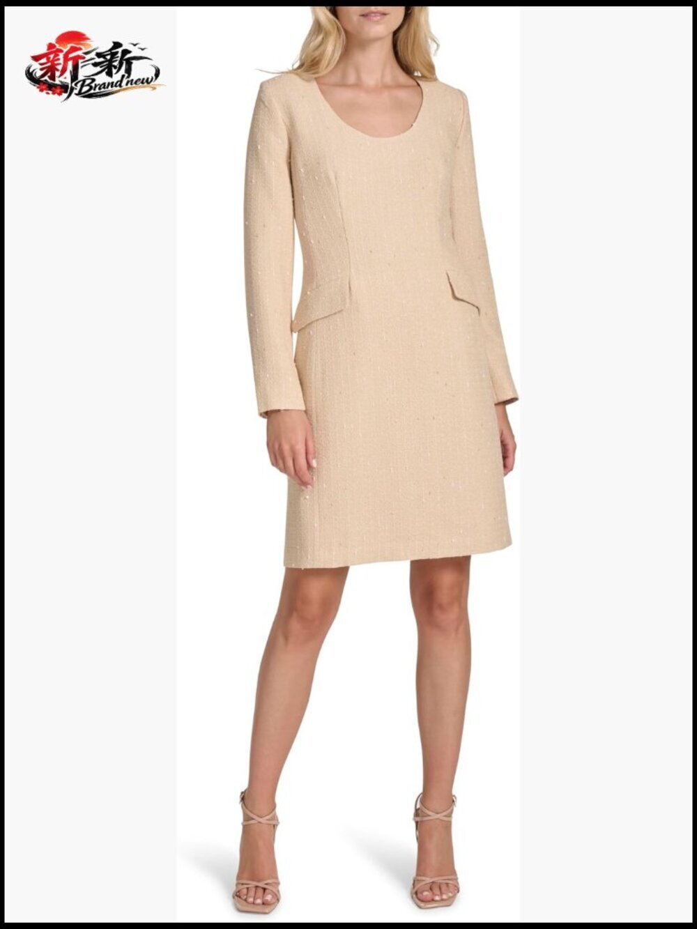 Long Sleeve Scoop Neck Mini Tweed Shift Dress Sheath Work